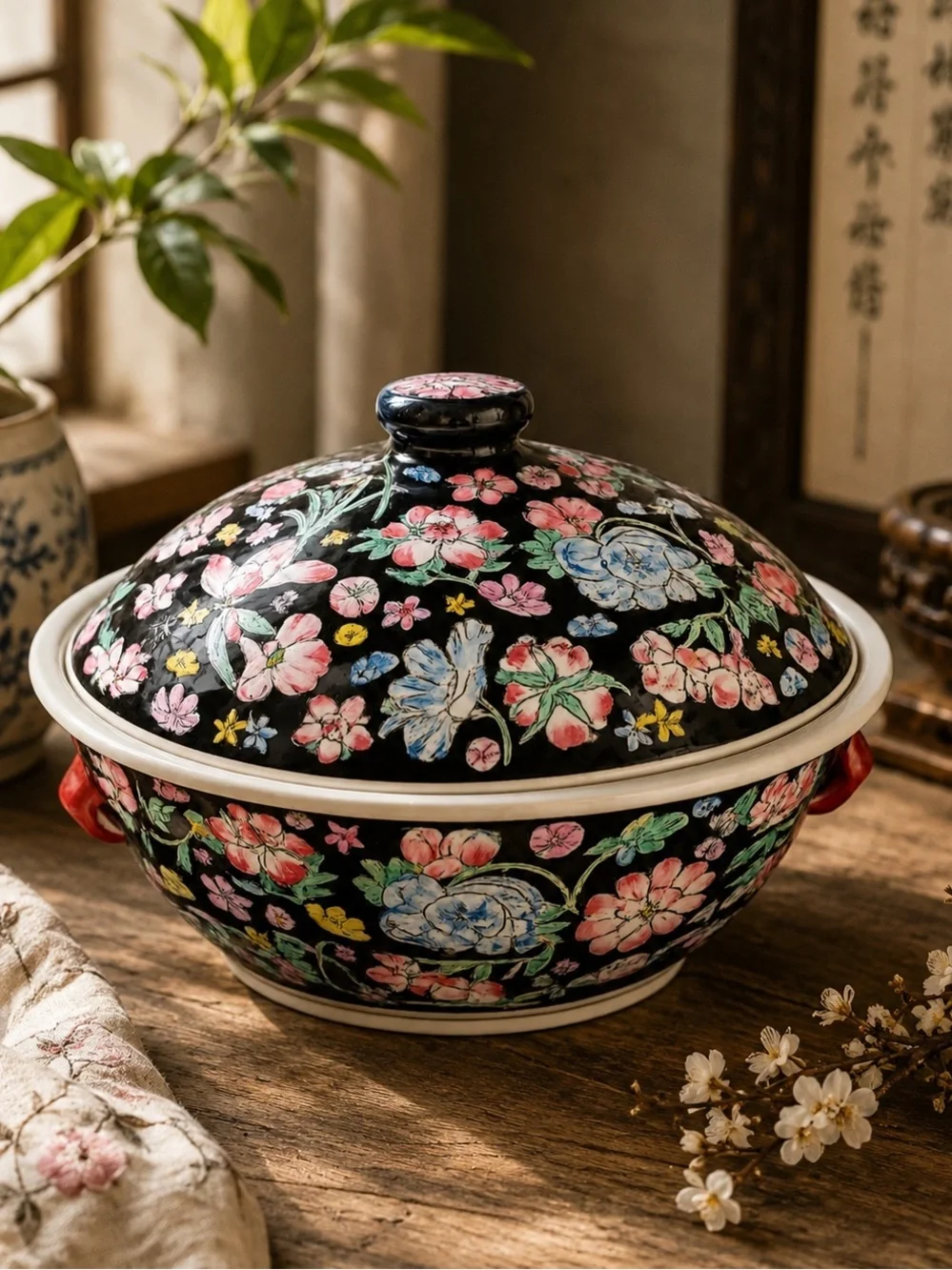 Vintage Jingdezhen Famille Noire Millefleur Covered Tureen China 09